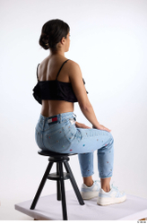 Whole Body Woman Casual Jeans Slim Sitting Top Studio photo references